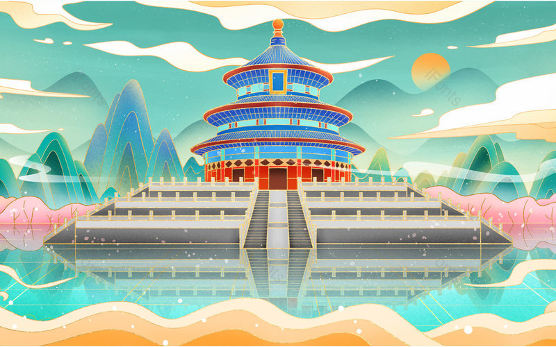 中国风国潮手绘天坛公园建筑景点背景设计,插画/手绘图,插画/手绘图库,插画/手绘图下载,插画/手绘